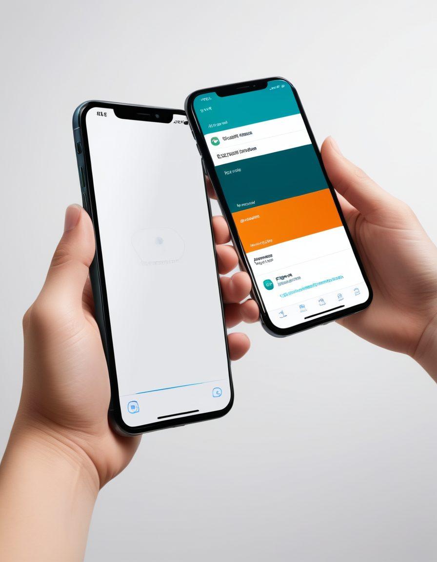 A split-screen image showing two hands, one holding an iPhone and the other an Android phone, both connected by a padlock that is unlocking. In the background, a seamless transformation between iOS and Android interface elements. Colors should be vibrant and contrast well against a sleek, modern background. vector art. vibrant colors. white background.