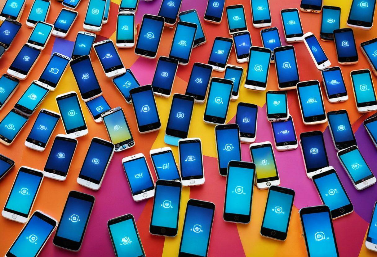 A diverse collection of modern smartphones with various carriers' logos transitioning from locked padlocks to open ones, symbolizing phone unlocking. The scene should include a dynamic and colorful background, with tech-savvy individuals smiling and interacting with their freshly unlocked devices. super-realistic. vibrant colors. tech-savvy. 3D.